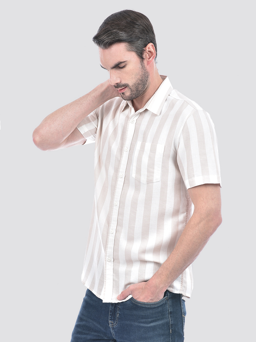 Numero Uno Men Striped Beige Shirt